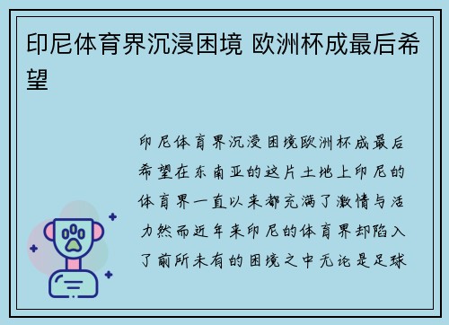 印尼体育界沉浸困境 欧洲杯成最后希望